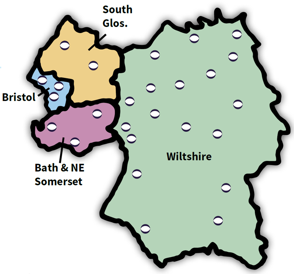 Map of WEst of England showing locations of community hubs