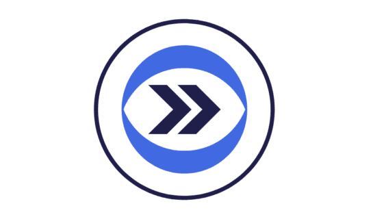 Moving Forward logo - 2 arrow heads are pointing to the right, they are inside a blue eye shape.