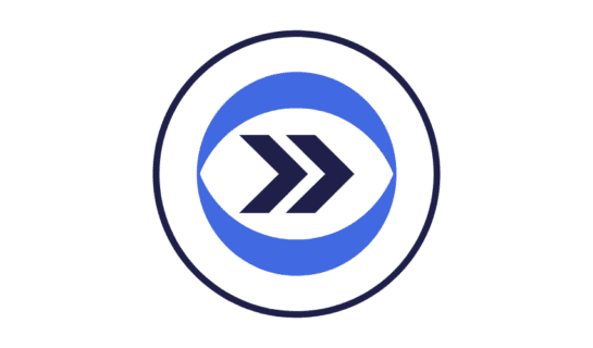 Moving Forward logo - 2 arrow heads are pointing to the right, they are inside a blue eye shape.