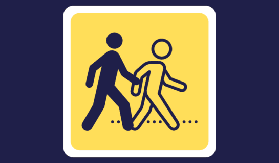 On a dark blue background is a yellow box with a white frame. Inside are two stick people, one is being guided by the other, the person being guided is holding the elbow of the leading person, they are walking to the right of the screen.