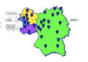 M map showing Wiltshire in green, BANES in purple, Bristol in blue and South Glos in yellow. There are lots of map location symbols showing the hub locations