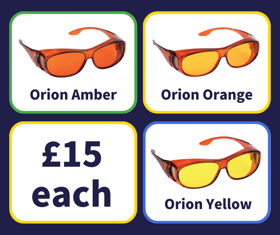 Orion eyesields are displayed in a series of boxes. The filters / lenses are amber, orange and yellow filters. Text reads ‘£15 each’