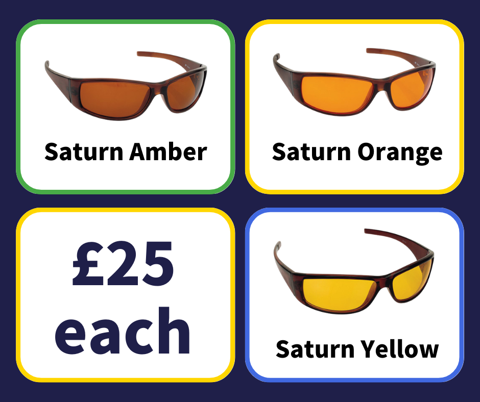 Saturn eyesields are displayed in a series of boxes. The filters / lenses are amber, orange and yellow filters. Text reads ‘£25 each’