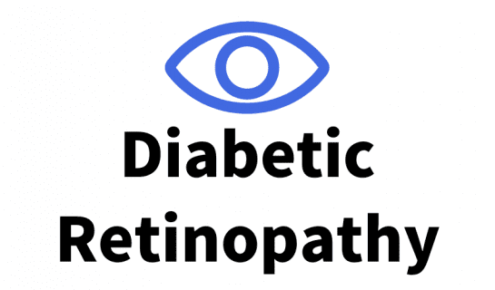 On icon of an eye in royal blue and the text 'Diabetic Retinopathy'