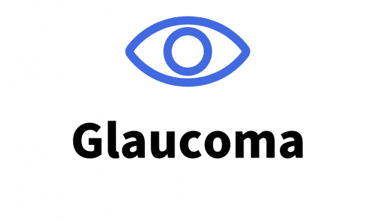 On icon of an eye in royal blue and the text 'Glaucoma'