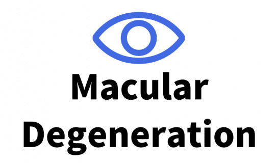 On icon of an eye in royal blue and the text 'Macular Degeneration'