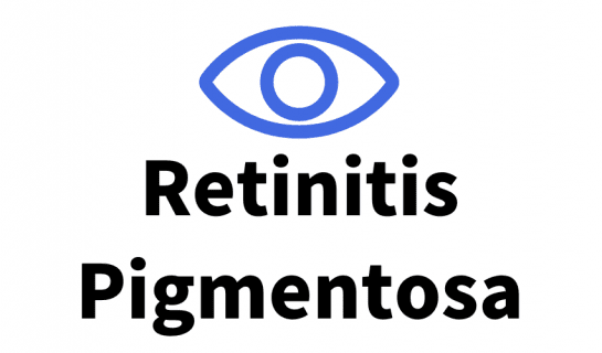 On icon of an eye in royal blue and the text 'Retinitis Pigmentosa'