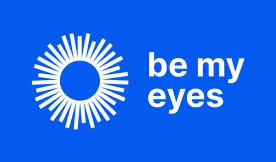 On a royal blue background is the Be My Eyes app ogo.