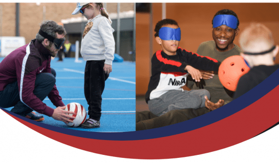 Have a go day, British blind sport logo and Sight Support West of England logo. Above is a photo of people participating in ball sports.