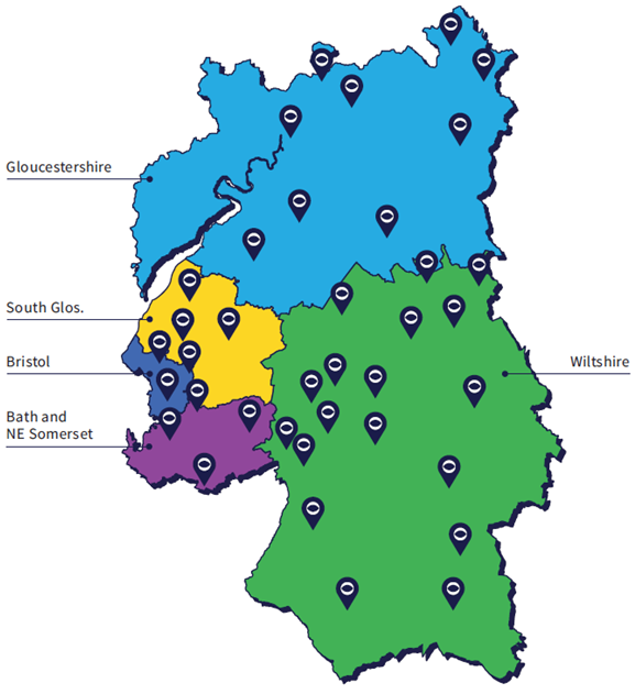 Map showing our Geographic area with pindrops in each location where we run a local hub. Each county is shaded in a different colour