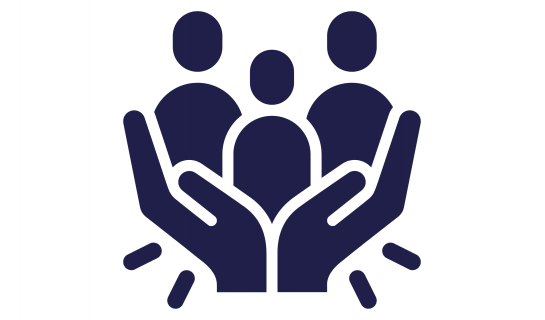 Simple graphic showing three people supported by two open hands, symbolising care and community.