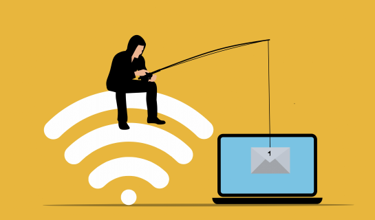 A stylised illustration showing a person dressed in dark clothing sitting on a large Wi-Fi symbol and using a fishing rod to hook an email icon from a laptop screen. The image represents phishing scams and online fraud.